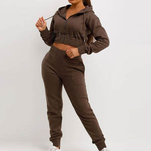 ชุดวอร์มครอปแบบลำลองสำหรับผู้หญิงเสื้อสั้นตัวยาวทนทานพิมพ์โลโก้สีทึบมีฮู้ด - Product Image 5