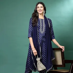 Ropa étnica exclusiva de diseñador para mujer, tela de algodón puro, Kurti recto bordado en azul marino, emparejado con pantalones y conjuntos Dupatta