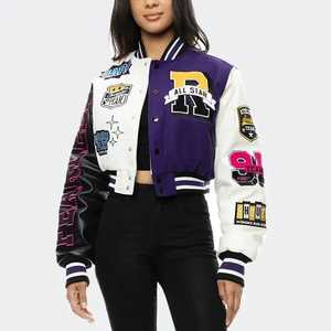 Veste universitaire d'hiver pour femme avec col montant Logo personnalisé broderie manches en cuir noir College Baseball Letterman Style - Product Image 1