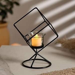 Bougie chauffe-plat géométrique en métal noir, verre rond et métal - Product Image 2