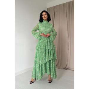 Vestido de Gasa Verde al por Mayor con Corte en A, Detalle de Cintura Natural y Estampado Floral - Product Image 4