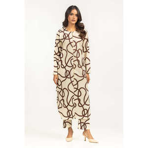 Conjunto Casual para Mujer, Color Beige, Estampado Ondulado, Top de Manga Media y Pantalón, Talla XS/XS, Tela Crepé, para Primavera/Verano - Product Image 4