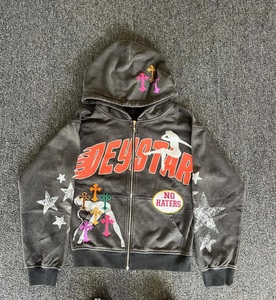 Wholesale Custom French Terry Men <b>Vintage</b> Distressed Embroidered Acid Wash Cropped <b>Zip</b> <b>up</b> <b>Hoodie</b> men's hoodies plain hoodies - Product Image 2