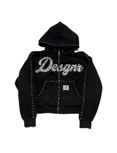 Custom Heavyweight Acid Wash Embroidered Winter Crop Top Fashion Street Wear Cut and Sew Rhinestone Zip Up Hoodie - Product Image 1