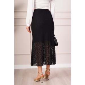 LUSTIN Women's Elegant Black Midi <b>Skirt</b> with <b>Elastic</b> Waistband, Delicate Lace Detail, and Comfortable Lining for Casual or - Product Image 5