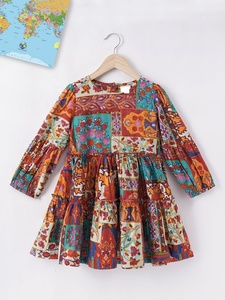 Girls Bohemian <b>Patchwork</b> Print Long Sleeve A-Line Cotton Breathable Eco-Friendly Dress Tiered <b>Skirt</b> Regular Sleeves Summer - Product Image 2
