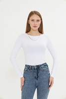 Camiseta de punto para mujer, blanca, de manga larga, cuello redondo, corte ajustado, transpirable, de viscosa y spandex, estilo minimalista, para todas las estaciones
