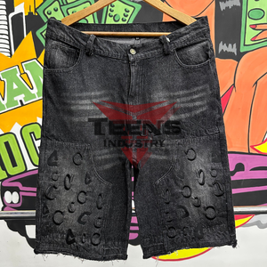 Shorts en jean décontractés vintage de haute qualité avec logo personnalisé 2026, imprimés et lavés, avec broderie surdimensionnée pour hommes - Product Image 4