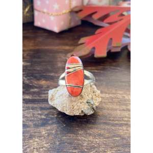 Navajo Made Multi-Stone Geometric Pattern <b>Ring</b> Coral <b>Opal</b> Rhodium Plated Sterling <b>Silver</b> Inlay Size 7 Perfect Gift Platinum Main - Product Image 1