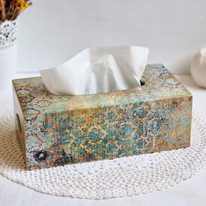 Boîte porte-mouchoirs en bois rectangulaire avec motif en émail coloré - Product Image 6