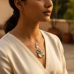 Colgante de Plata 925 con Prehnita para Mujer, Chapado en Rodio con Diamante, Estilo Religioso, Joyería con Piedras Preciosas - Product Image 1