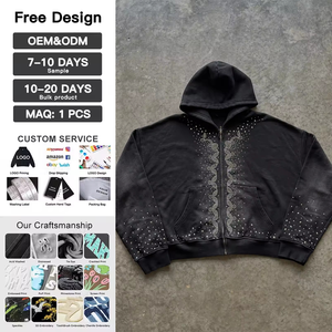 Sudadera Personalizada Estilo Y2K, Chaqueta Negra de Invierno para Hombre, Sudadera con Capucha Gruesa Lavada y Decolorada por el Sol, Sudadera con Cremallera y Pedrería - Product Image 1