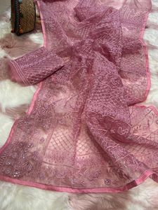 Best Fabric Latest Collection Excellent Quality Silk <b>Saree</b> <b>Blouse</b> With Lucknowi Thread Chikankari Work at Lowest Rate for Sale - Product Image 4