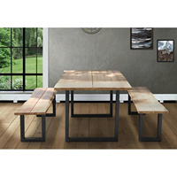 Ensemble de salle à manger TRIO de haute qualité avec bord brut, design moderne, plateau en bois non-acacia, mobilier d'extérieur de luxe pour restaurant et cour.