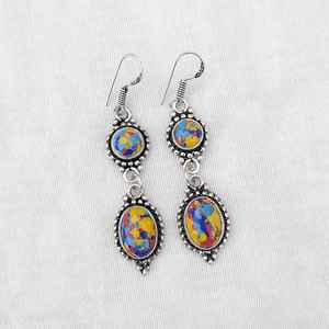 Boucles d'oreilles pendantes en mosaïque de jaspe multi-pierres, plaquées argent 925, faites à la main, bijoux bohèmes, boucles d'oreilles en pierres précieuses, cadeau - Product Image 4