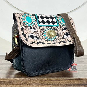 Bolso de Mano Cruzado Cuadrado de Cuero Vacuno Repujado Más Vendido para Mujer, Bolso de Mensajero con Diseño Floral y a Cuadros - Product Image 1