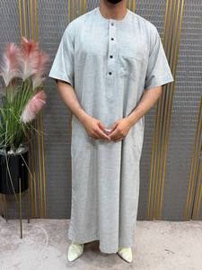 <b>Men's</b> Gray Cotton <b>Thobe</b> Short Sleeve Round Neck Embroidered Ethnic Regular Fit Breathable Floor Length Daily Wear Islam Style - Product Image 5