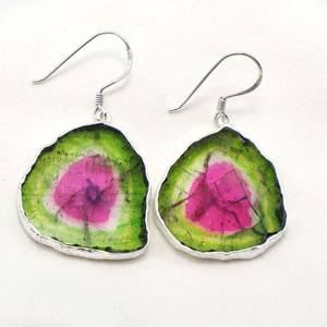 925 plata esterlina sandía Bio Color turmalina rebanada Clip-On pendientes boda adecuado - Product Image 4