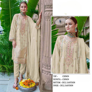 Style pakistanais traditionnel semi-cousu Salwar Kameez lourd Chinon broderie véritable miroir travail pour les occasions de mariage Zarkan - Product Image 2