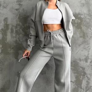 Ensemble décontracté 2 pièces pour femmes de grande taille, sweat-shirt court à fermeture éclair intégrale de haute qualité, pantalon de survêtement évasé personnalisé pour femmes - Product Image 4