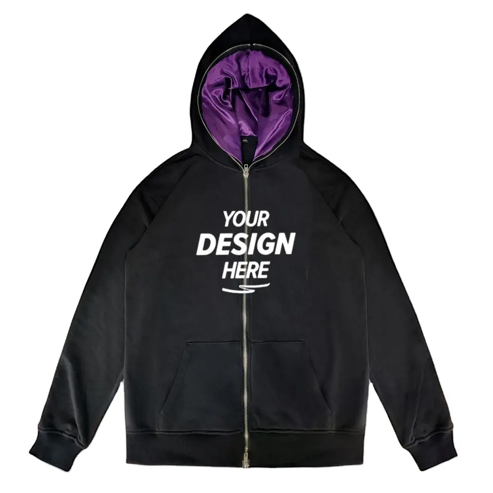 Custom Satin Forro De Seda Forrado Hoodie Full Face Zip Up Zipper Homens Grande Capuz Camisola Casaco Com Capuz Forrado De Cetim Hoodie