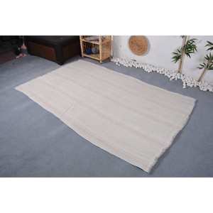 Tapis Turc Vintage Moderne 4.4 X 7.1ft Classique Beige Patchwork Design Laine Viscose Matériau Latex Support pour Salon - Product Image 3