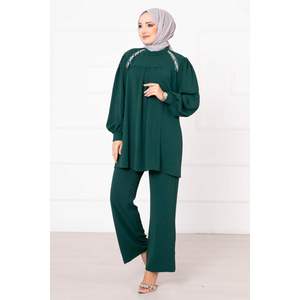 ชุด2ชิ้นสีมรกตสำหรับผู้หญิงมีรายละเอียดไข่มุก - Product Image 2