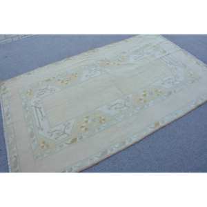 Alfombra turca Vintage Beige hecha a mano, área grande de 4 pies, 6 pulgadas X 7 pies, 7 pulgadas, lana, algas marinas, respaldo de látex, patrón de retazos para adolescentes, pasillo - Product Image 2