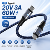 Câble USB-C LED 2026, 20V 3A 60W, charge rapide, USB-C vers USB-C, 1m, câble de données tressé en nylon pour téléphones mobiles avec logo personnalisé