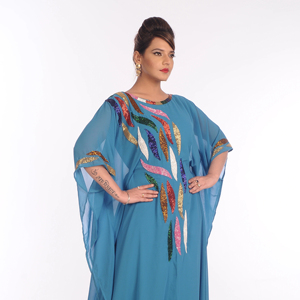 Georgette bleu ciel brodé Zari travail caftans islamiques - Product Image 1