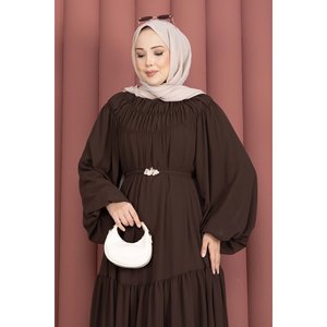 Vestido de Gasa Marrón con Corte en A, Cinturón con Detalle Fruncido, Cintura Imperio, Estilo Modesto, Tela Transpirable - Product Image 2
