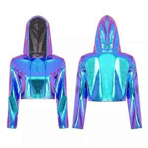 เสื้อกันหนาวกีฬาสำหรับผู้หญิงเสื้อครอปมีฮู้ดเมทัลลิกแขนยาวมีซิปเสื้อครอปแบบลำลอง - Product Image 3