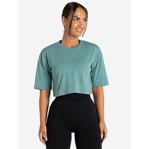 Top corto verde azulado de la mejor calidad para mujer, camiseta informal de manga corta para Yoga, gimnasio, Fitness, hombros caídos, suave, elástico, elegante, de verano - Product Image 3