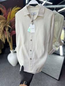 Camisa de lino a rayas para hombre, informal, de manga larga, con botones, ropa de playa de verano, ligera y transpirable - Product Image 4