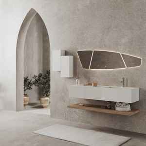 Mobile Bagno Sospeso Rota Design 140cm in Bianco e Legno Color Miele con Eleganti Lavabi - Product Image 2