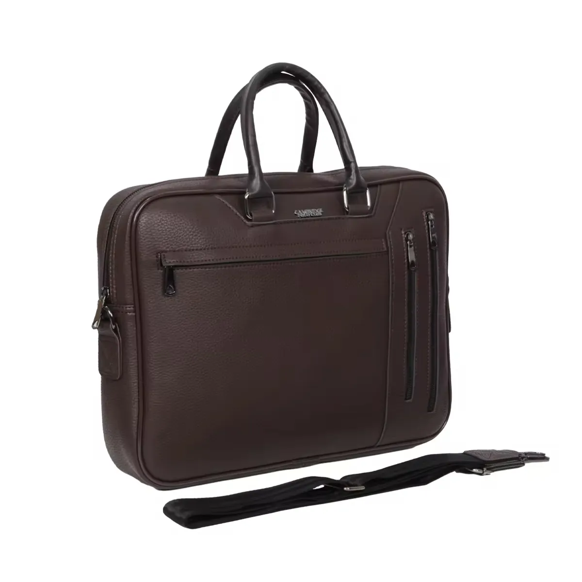 Brown Leather Looking Briefcase with Multiple Front Zippered Pockets Adjustable Detachable Strap Laptop and Document Bag
