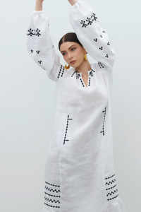 Robe décontractée brodée de fleurs pour femmes 100% coton boutonné longueur au genou avec manches longues taille naturelle tissée - Product Image 3