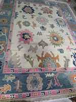 Beau tapis turc moderne traditionnel antique de 9x12 de haute qualité blanc bleu Oushak tapis de laine noué à la main tapis de prière en soie