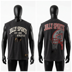 เสื้อยืดแขนกุดผู้ชายผ้าฝ้ายพรีเมียม GSM สีเขียวมะกอก พิมพ์ลายกราฟิก สกรีนโลโก้ตามสั่ง เสื้อยืดผ้าฝ้าย 100% สำหรับผู้ชาย ทรงหลวม พิมพ์ลาย - Product Image 6