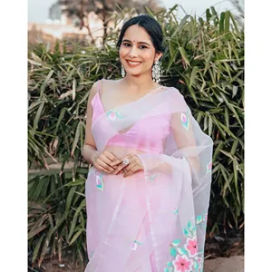 Sari Eliana Rosa Pintado a Mano en Organza, Ligero, para Fiestas, para Mujer - Product Image 6