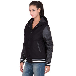 Veste universitaire à capuche pour femme, noire, manches en similicuir, mélange de laine, coupe-vent, manteau d'automne avec rayures contrastées, coupe classique - Product Image 5