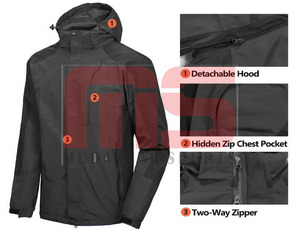 Veste d'hiver en softshell à capuche en toile personnalisée OEM pour hommes, de haute qualité, imperméable, coupe-vent, randonnée en plein air, neige, devant - Product Image 6