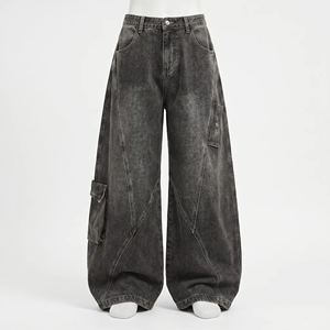 <b>Men's</b> High Street Asymmetrical Washed Canvas <b>Jeans</b> 700g Lightweight Cargo Pants Oversized Wide Leg Baggy Grunge Casual Trousers - Product Image 6