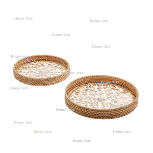 Juego de 2 Bandejas para Servir Alimentos de Ratán y Nácar, Diferentes Tamaños, Bandeja para Aperitivos y Postres, Más Vendida - Product Image 1