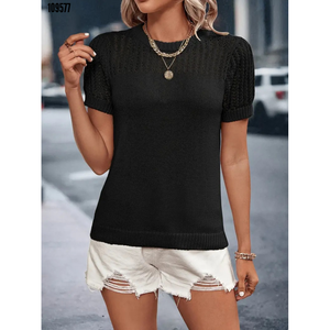 Blusa de Punto con Cuello y Manga Corta para Mujer, 38213 - Negra - Product Image 5