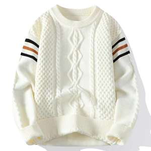 <b>Mens</b> cable knit crew neck <b>sweater</b> with striped sleeves - Product Image 1
