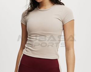 Marque privée T-shirt ajusté ultra doux pour les femmes Logo personnalisé bouffant quantité minimale de commande bas vêtements d'entraînement - Product Image 4