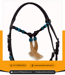 Western Leather Headstall / Bridle Horse Tack in Brown Smart Turquoise Blue Hand <b>Braided</b> RawHide Leather with Natural <b>Hair</b> - Product Image 3