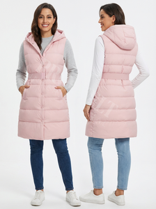 Custom Embroidery Logo <b>Long</b> Puffer <b>Vest</b> Hooded Winter Warm Quilted Sleeveless Coat Belt Casual Outdoor Solid Plain Color Jacket - Product Image 3