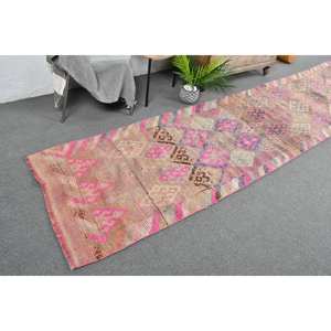 Tapis turc vintage 28 'X 13' tapis en laine tissée à plat rose et marron avec support en latex pour décorations de salon - Product Image 1